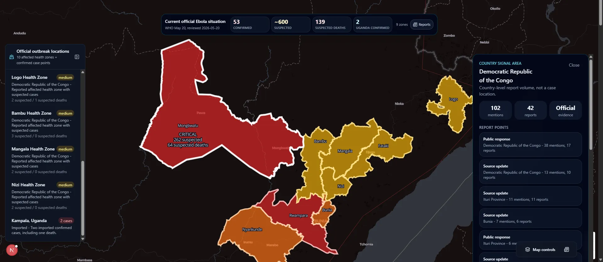 Global Ebola outbreak 2026 map preview